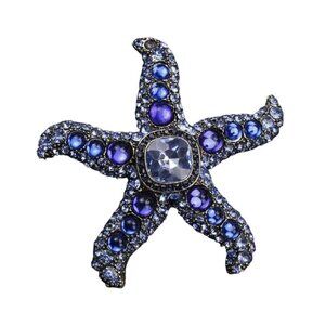 Starfish Brooch Pin With Blue Rhinestones & Crystal Accents